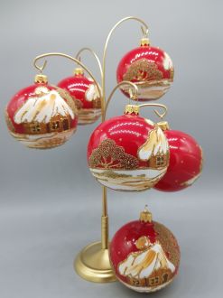 SET OF RED AND GOLD COTTAGES BAUBLES